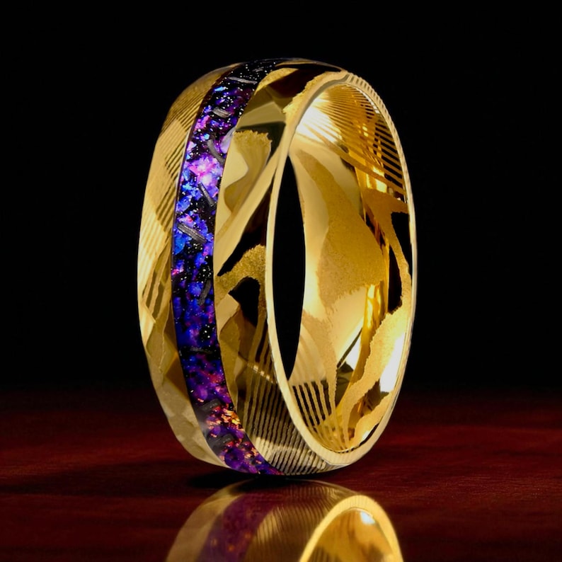 Damascus Steel Ring: Purple Amethyst Inlay, Hammered Cosmos Wedding ...