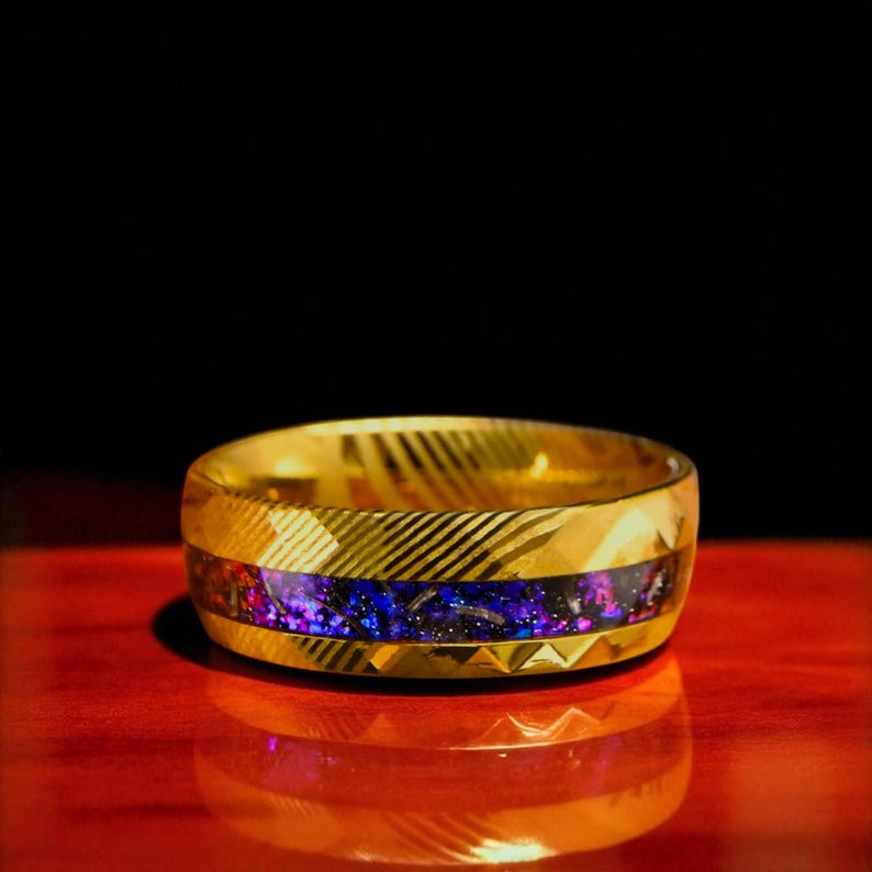 Damascus Steel Ring: Purple Amethyst Inlay, Hammered Cosmos Wedding ...