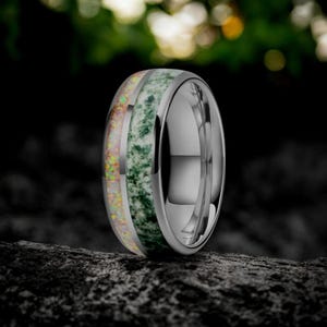 Moss Agate & Crushed White Opal Inlay – Unique Tungsten Ring (8mm) , Comfort Fit Wedding Band for Men And Women, Anniversary Gift