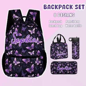 Personalized Butterfly Schoolbag with name, Custom Backpack for Girls, Back to school Gifts, Custom Lunch bag Pencil Pouch,18oz Water bottle