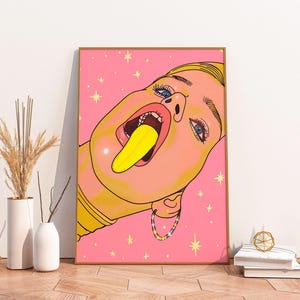 Dopamin Dekor Porträt Poster, Pink Y2K Kokette Wandkunst, Ästhetisches Funky Girl Druck, Schöne Pop Art, Bold Statement Wanddekoration