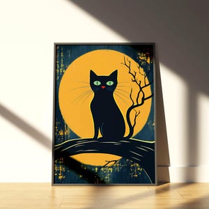 Poster estetico con gatto nero, stampa artistica da parete retrò in stile Mid-Century Modern, stampa artistica minimalista con luna piena e atmosfera retrò della foresta.