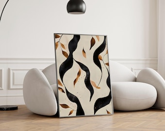 Arte de parede botânica japonesa, impressão abstrata da natureza no estilo Wabi Sabi, pôster minimalista, decoração moderna, terrosa e orgânica.