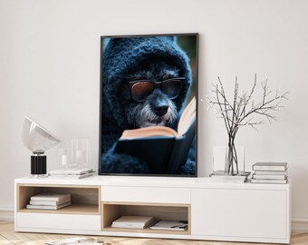 Funny Dog Reading Art Print, Bookish Pet Portrait
