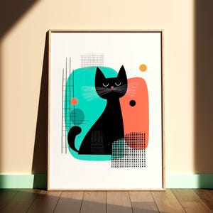 Stampa di gatto nero in stile Mid-Century Modern, arte murale retrò colorata, poster minimalista di animali, decorazione murale geometrica astratta