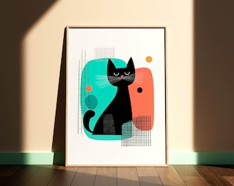 Impression de chat noir moderne du milieu du siècle, art mural rétro coloré, affiche animalière minimaliste, décoration murale abstraite géométrique