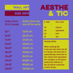 May include: A chart with information about wall art sizes. The chart is divided into two sections: Orders from US & Canada and Orders from the rest of the world. The chart lists different sizes in inches and centimeters. The chart also includes a section for A-size paper sizes and their closest inch equivalents. The chart is on a purple background with yellow and red text.