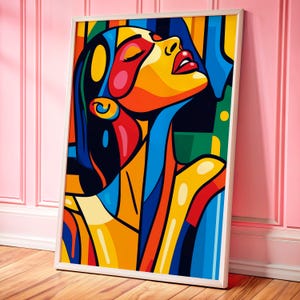 Ritratto femminile astratto, stampa decorativa Dopamine con vibrazioni pop art moderne, arte murale espressionista colorata, decorazione murale audace per case moderne