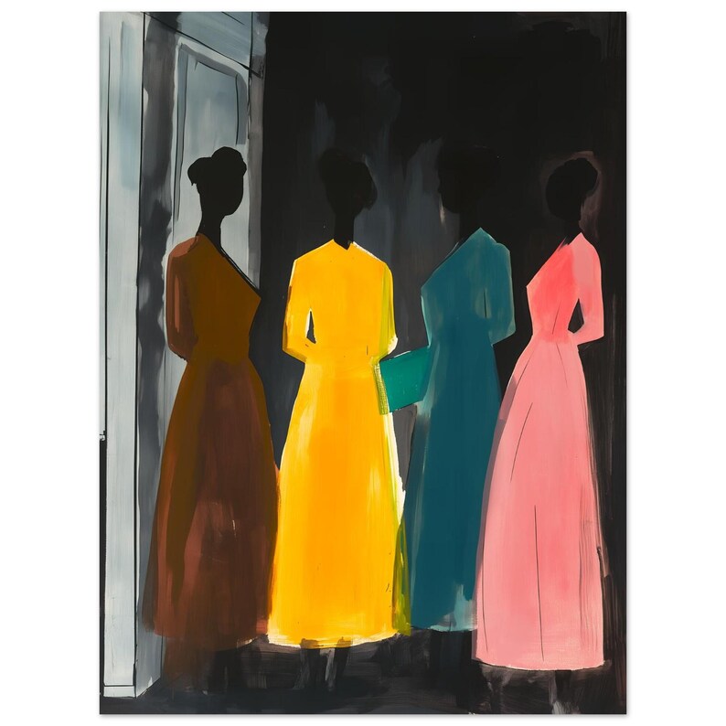 Aesthetic Minimalist Wall Art, Women in Colorful Dresses Retro Poster, Vivid Mid Century Modern Art Print, Statement Wall Decor