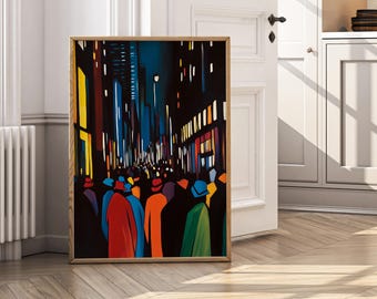 Night in the City Maximalist Wall Art Print, Abstract People Print, Aesthetic Urban Poster, Eclectic Street Poster for Modern Home Decor