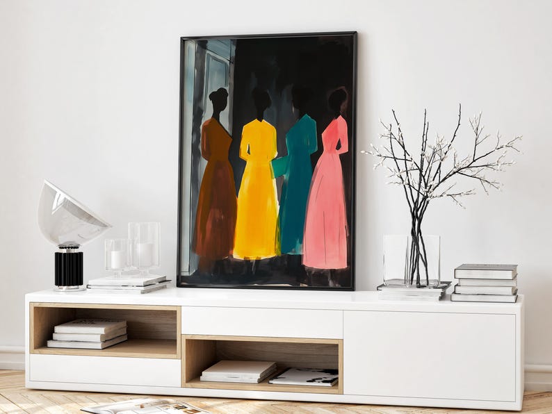 May include: A framed painting of four women in colorful dresses standing in a dark room. The women are silhouetted against a black background, and their dresses are shades of brown, yellow, teal, and pink.