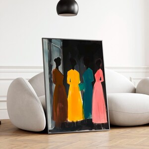 May include: A painting of four women standing in a row. They are wearing colorful dresses in shades of brown, yellow, teal, and pink. The painting is framed in a black frame.