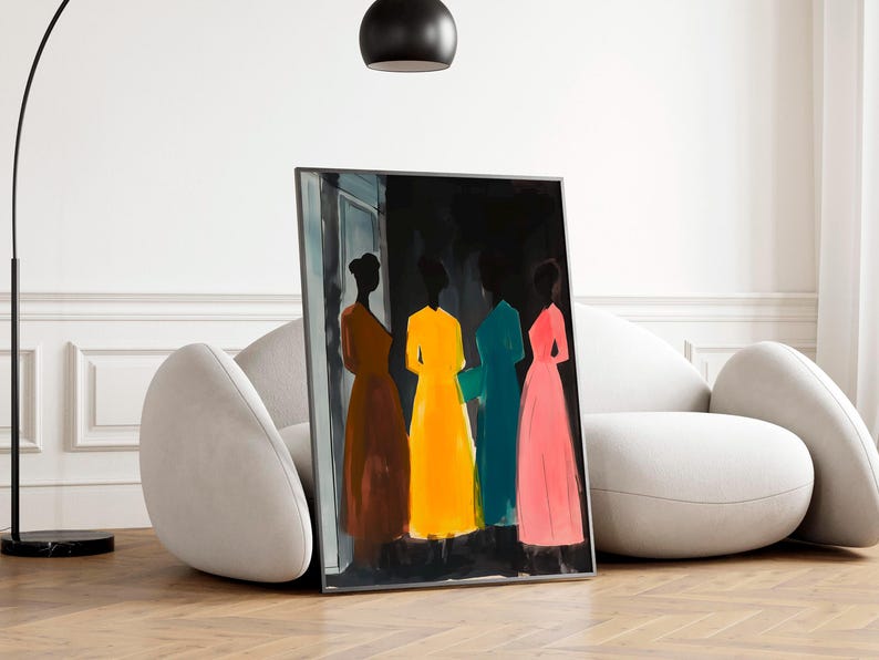 May include: A painting of four women standing in a row. They are wearing colorful dresses in shades of brown, yellow, teal, and pink. The painting is framed in a black frame.