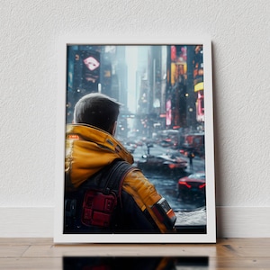 Pôster Cyberpunk: Arte de parede de paisagem urbana de ficção científica com neve