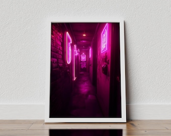 Pink Neon Cyberpunk Hallway Print: Urban Vaporwave Wall Art