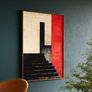 Impressão Bauhaus de escadaria brutalista, pôster minimalista vintage abstrato, arte de parede de arquitetura moderna de meados do século para casa e escritório
