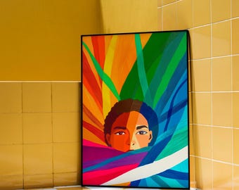 Impresión de retrato arcoíris, decoración de dopamina, arte mural maximalista