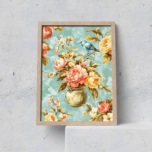 Lámina de arte mural chinoiserie, estampado floral cottagecore, póster romántico de jarrón vintage, arte mural botánico, póster estético de naturaleza victoriana.