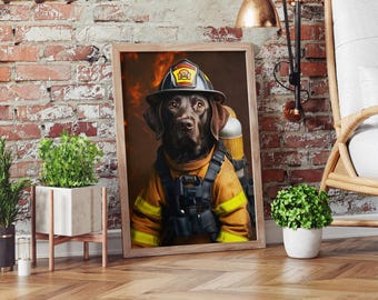 May include: A framed print depicting a brown Labrador Retriever in a firefighter's uniform. The dog is wearing a yellow and black uniform, a helmet, and a breathing apparatus. The background shows flames.