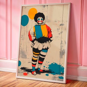 Arte murale Clowncore stravagante, poster massimalista con atmosfera retrò, stampa artistica di clown colorati, decorazioni audaci con dopamina per case eclettiche