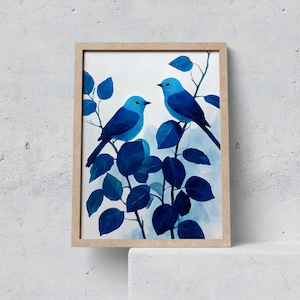 Chinoiserie Wandkunst, minimalistisches Vogelplakat, blaue botanische Wandkunstdruck, elegantes modernes Naturdekor für ruhige Räume