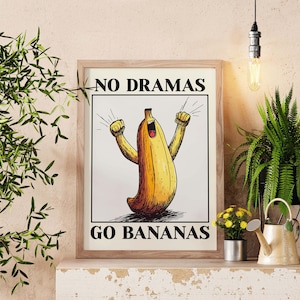 Funny Quote Wall Art, No Dramas Go Bananas Print, Playful Retro Pop Art Poster, Colorful Cartoon Illustration for Home & Office