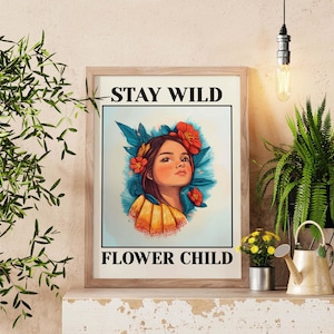 Póster de niña flor bohemia, arte mural con cita retro, impresión estética hippie, decoración vintage colorida para el hogar, arte mural femenino