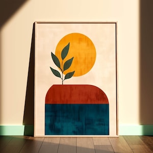 Arte murale minimalista moderna di metà secolo, poster botanico estetico, stampa astratta di sole e piante per decorazioni Japandi o Wabi Sabi