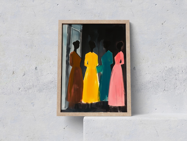 Aesthetic Minimalist Wall Art, Women in Colorful Dresses Retro Poster, Vivid Mid Century Modern Art Print, Statement Wall Decor