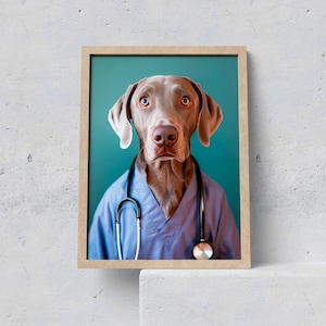 May include: A Weimaraner dog wearing a blue medical scrubs uniform with a stethoscope around its neck. The dog is looking directly at the camera with a serious expression. The background is a teal blue color.