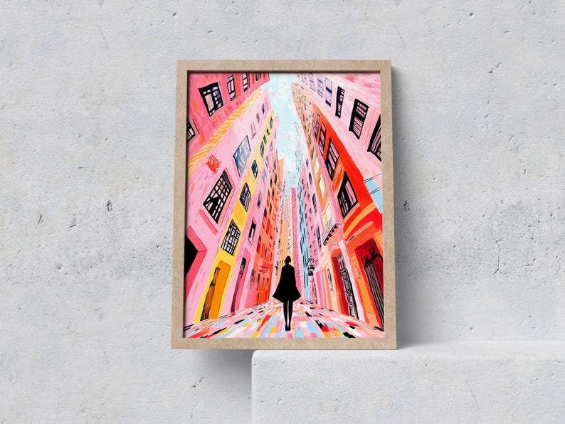 May include: A painting of a person walking down a narrow street lined with tall buildings. The buildings are painted in shades of pink, yellow, and orange, and the street is paved with a colorful pattern. The person is wearing a black coat and is walking towards the viewer.