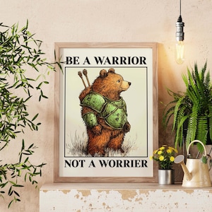 Odważny wojownik niedźwiedź wydruk artystyczny, plakat fantasy knight, motywująca siła sztuka ścienna, inspirująca ilustracja wojownika, wzmacniający wystrój domu
