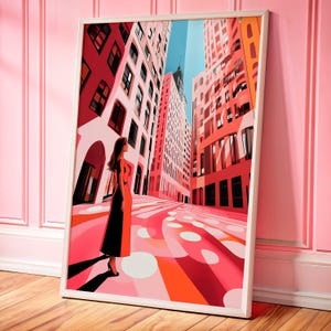 Pink Cityscape Art Print, Woman in the City, Modern Urban Illustration
