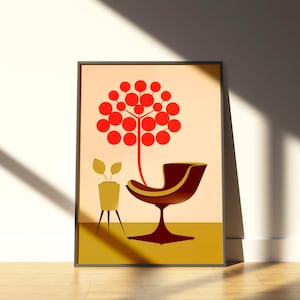 Poster Mid-Century Modern, stampa artistica da parete minimalista MCM, stampa retrò con sedia e albero per un arredamento minimalista e interni di ispirazione vintage.
