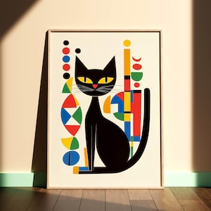 Poster di gatto in stile Mid-Century Modern, stampa artistica astratta Bauhaus, stampa artistica modernista estetica per un arredamento minimalista