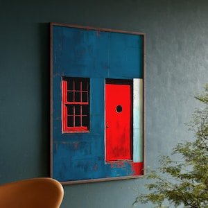 Stampa astratta Bauhaus, poster di architettura moderna di metà secolo, decorazione murale geometrica minimalista, arte murale rossa e blu