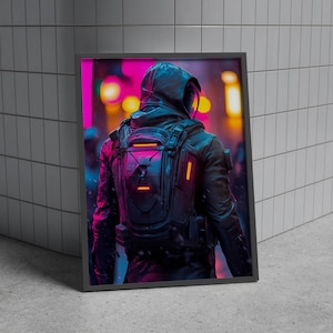 Neon Street Cyberpunk Poster, Mroczna Futurystyczna Sztuka Ścienna Miasta, Sztuka Charakteru Miejskiego dla Maksymalnego Wystroju