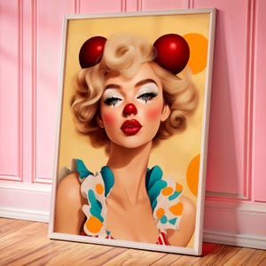 Poster Clowncore estetico, stampa pop art vintage con ragazza clown, decorazione da parete con dopamina, poster massimalista retrò per decorazioni da parete eclettiche