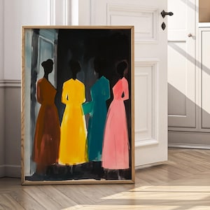 Arte murale minimalista estetica, poster retrò di donne in abiti colorati, stampa artistica moderna di metà secolo, decorazione murale di tendenza