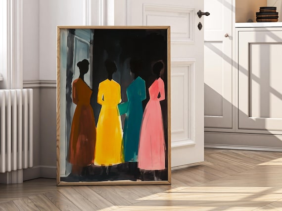 Aesthetic Minimalist Wall Art, Women in Colorful Dresses Retro Poster, Vivid Mid Century Modern Art Print, Statement Wall Decor