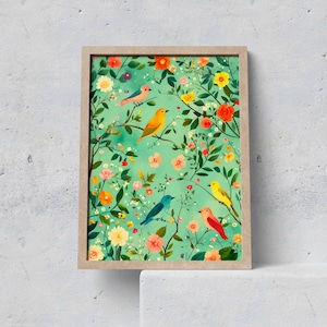 Lámina de arte mural estilo chinoiserie cottagecore, póster vintage de pájaros, estampado floral estético, arte mural botánico caprichoso