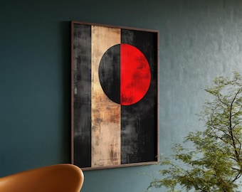 May include: Abstract art print with a black and red circle on a textured background. The circle is divided in half, with one side black and the other red. The background is a mix of black, white, and brown.
