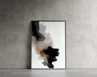 May include: Abstract art print with black, brown, and white watercolor-like shapes on a white background. The print is framed in a black frame.