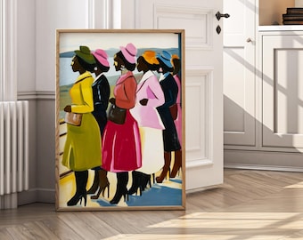 Elegant Women Retro Wall Art, Afrocentric Print, Vivid Vintage Fashion Poster, Colorful Figurative Artwork