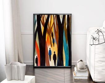 May include: Abstract painting of a forest scene with colorful trees and figures walking through the woods. The painting is framed in black.