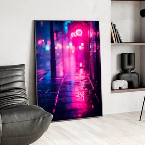Neon Sidewalk Cyberpunk Poster, Aesthetic Dopamine Decor Print, Moody Rainy Night Wall Art, Urban Art Print for Maximalist Decor