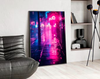 Neon Cyberpunk Poster: Moody Rainy Night Urban Art Print
