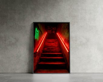 Neon Staircase Cyberpunk Print: Edgy Urban Wall Art