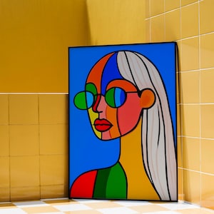 Abstract Face Art Print, Dopamine Decor, Maximalist Cubist Style