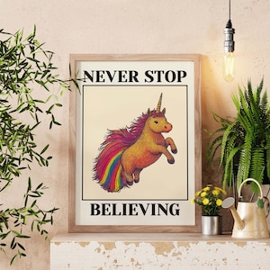 Dopamine Decor Unicorn Print, Preppy Motywacyjny plakat, Retro Rainbow Pop Art Print, Fantazyjny cytat Wall Art, Uroczy estetyczny wystrój domu